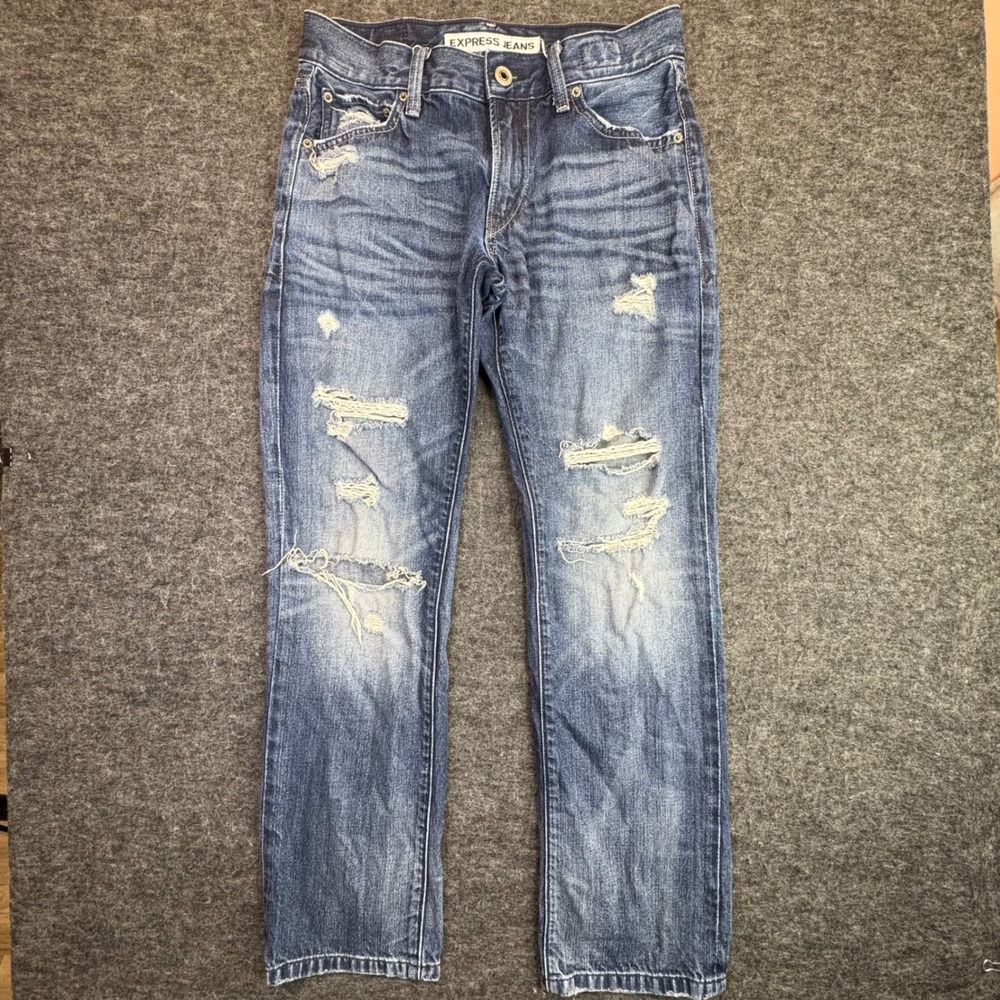 Express Rocco Slim Fit Straight Leg Jeans Mens 29x30 Distressed Denim 28 Inseam